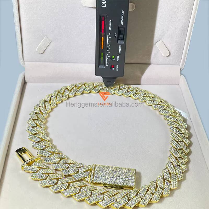 925 Silver Mens Hip Hop Style Necklace with VVS Moissanite Diamond Prong 15mm 3Row Yellow Gold Cuban Link Chain GRA JEWELRY