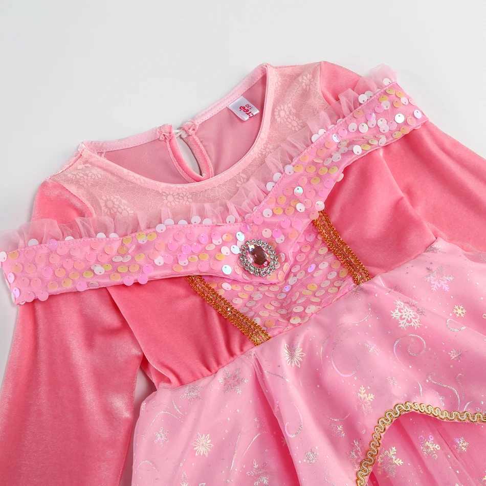 Sleeping BeauTY Aurora Pink Long Sleeves Princess Dress CHIldren Cosplay Sequin Mesh Gown Girls Carnival Birthday Costume Z250904