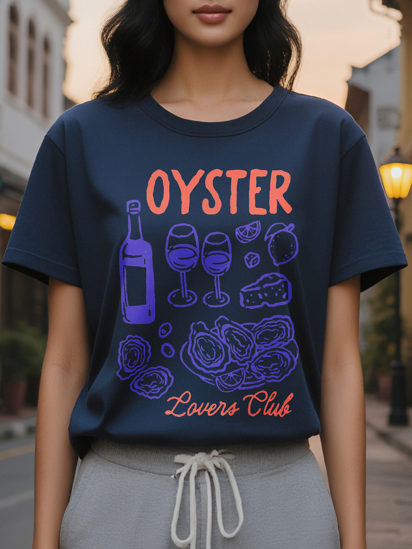 Women s Elegant Lovers Club T Shirt Sleeve Round Neck Casual Fashion Design with Wine Glass Oyster Pattern