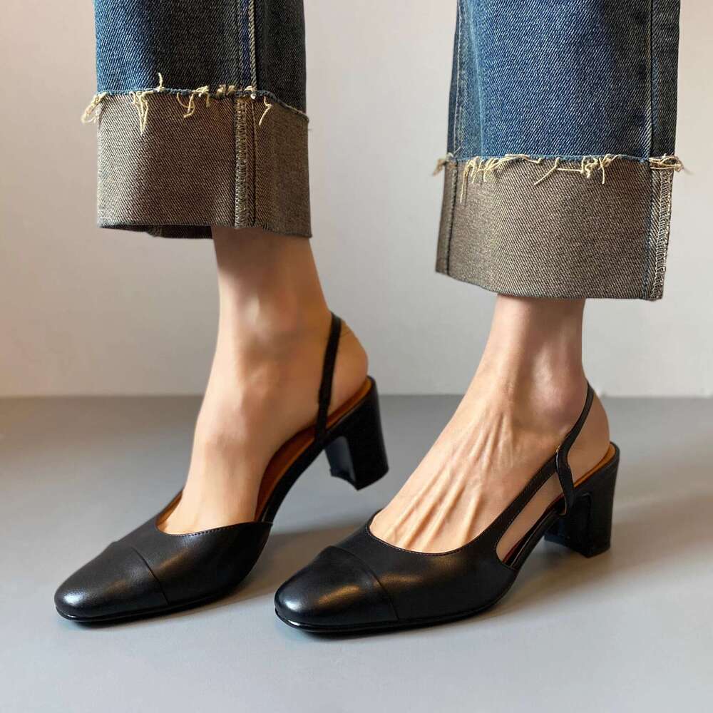 Designer Shoe Backless One-Strap Closed-Toe Sandals for Women, Genuine Leather, Odor-Free, Thick Heel Slippers, Round Toe, Slimming, Commuter Single S