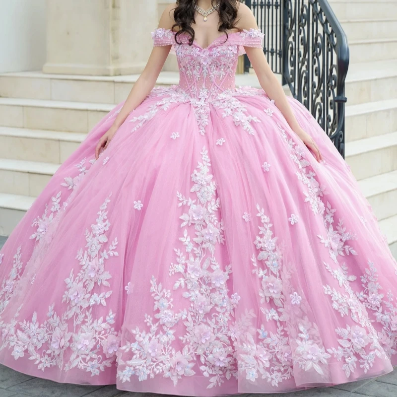 Pink Quinceanera Dresses Ball Gown Off The Shoulder Applique Flower Beading Crystal Tull Sweet 16 Dress Vestidos 15 De Anos