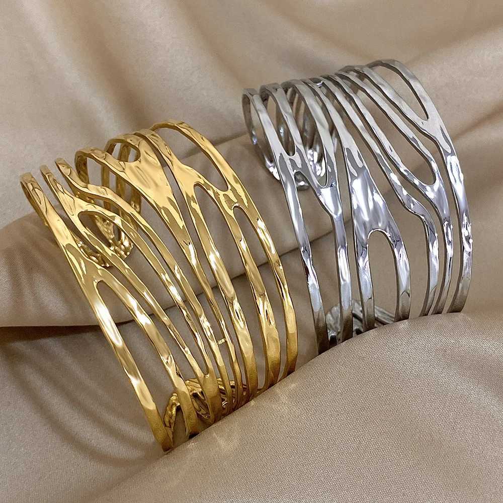 Irregular Geometric Hollow Stainl Steel Cuff Bracelet Exaggerated Gold Silver Color Wide Open Bangles Waterproof JewelryXJ250904