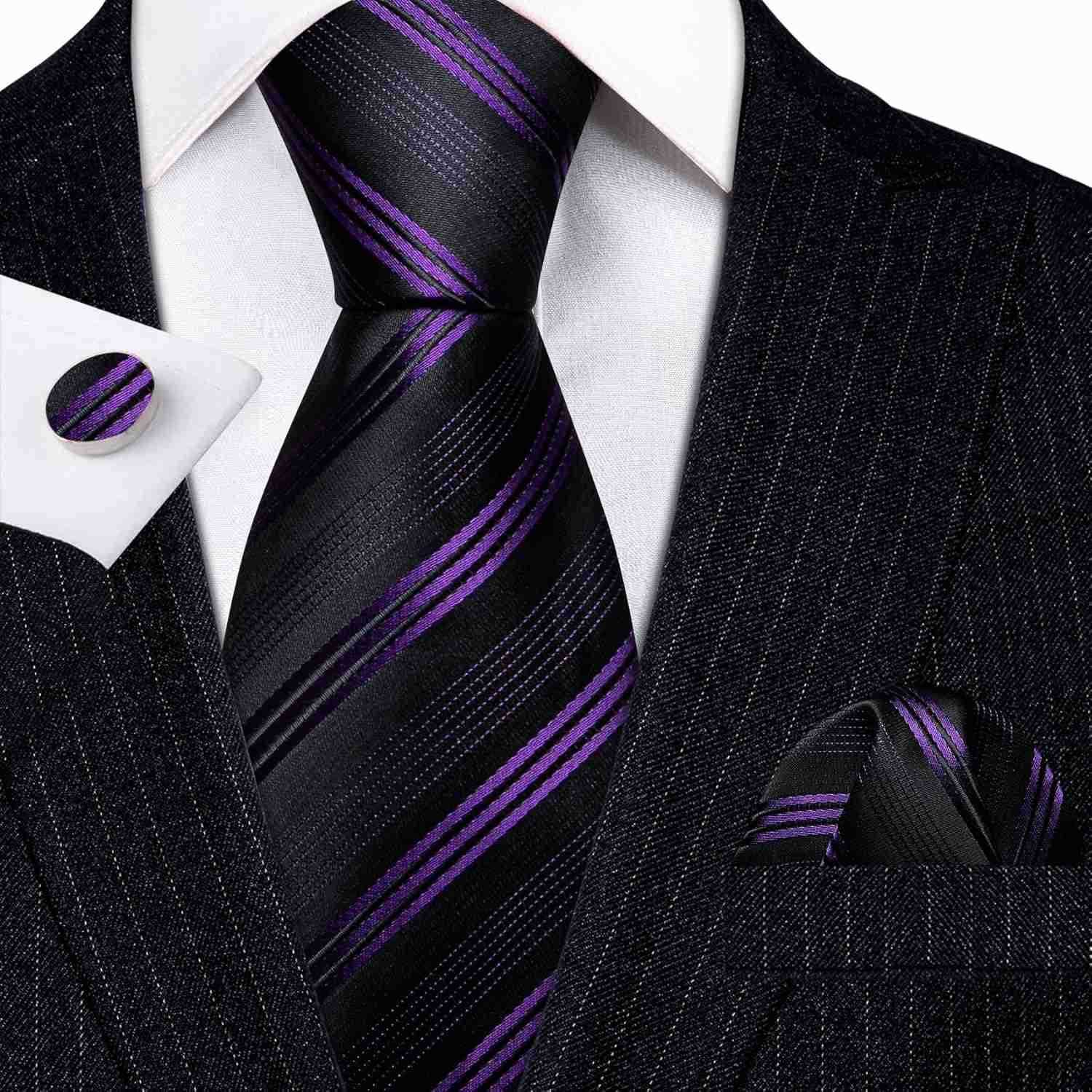 Man Stripe Ties Set Silk Woven Pocket Square Necktie Cufflinks Formal Party BusinessW250904