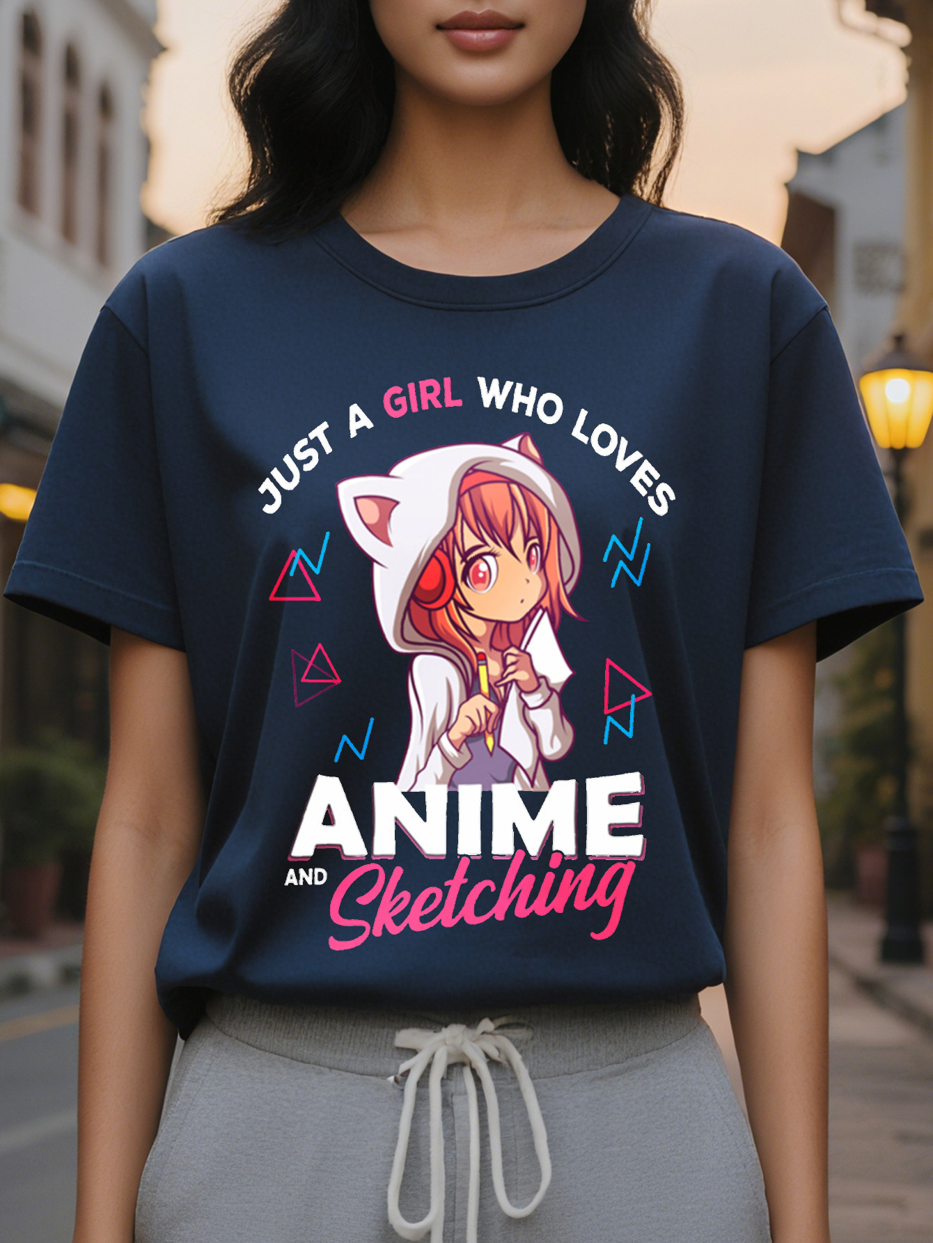 Large XL Short Sleeve Anime Print Crew Neck T-Shirt for Women Casual Spring Summer Clothing Plus Size