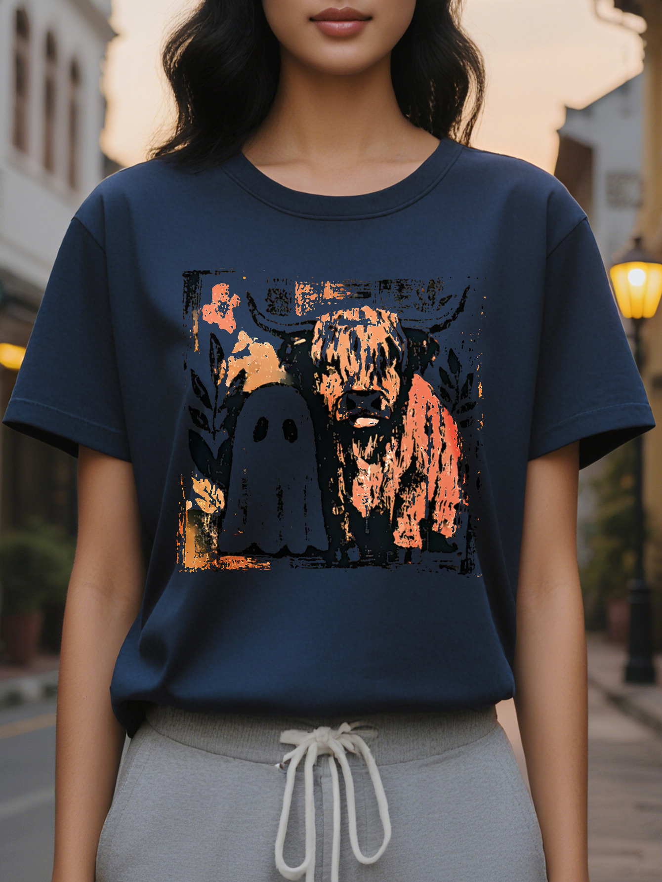 Women s Halloween Round Neck Pullover with Scottish Print Beige Orange Plaid Pattern Cozy Fall Christmas and Casual