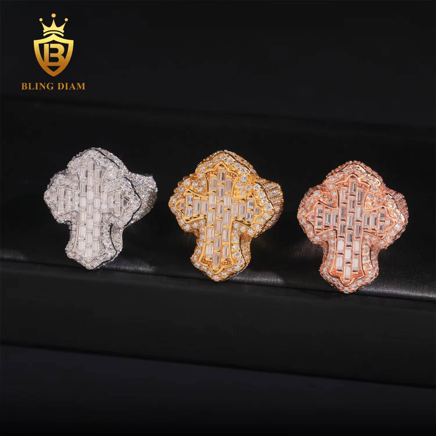 New Arrivals Wholesale Price Iced Out Jewelry Hip Hop Baguette Sapphire Corundum 925 Silver VVS Moissanite Ring