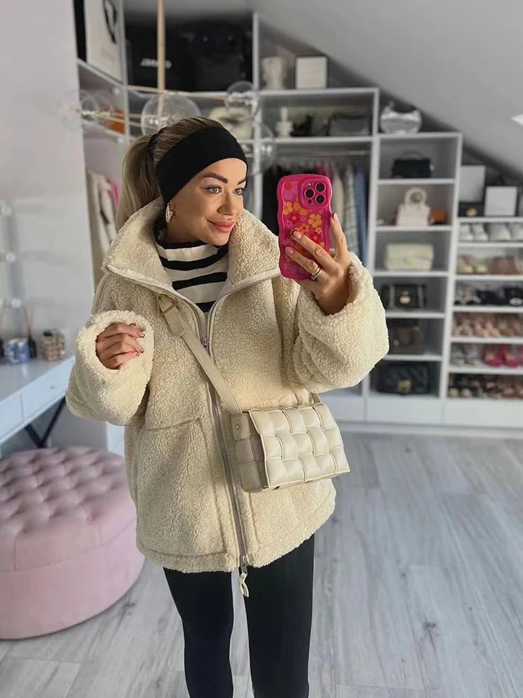 SIYANG Women Autumn Fashion Loose Teddy Coat Female Pockets Zipper Warm Faux Lamb Jacket Ladies Casual Outerwear 250903