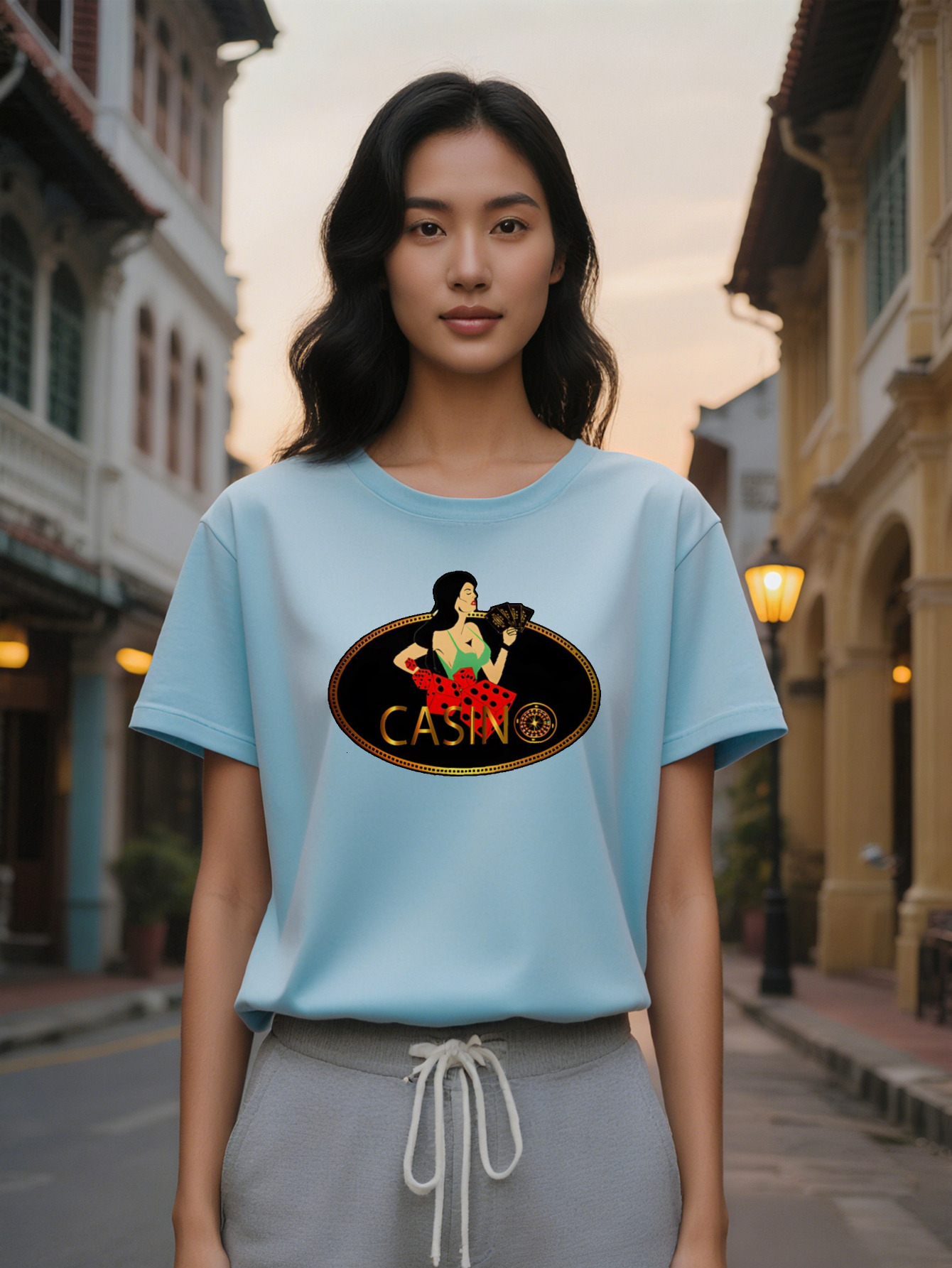 Style Lady Crew Neck T-Shirt with Poker Card Print, Slight Stretch Fabric, Regular Fit for Casual Attire, Summer Tee