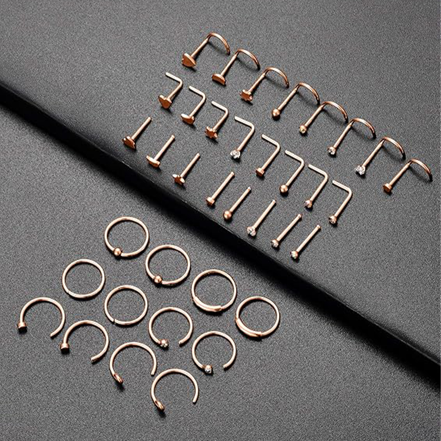 20G 36Pcs Stainless Steel L-Shaped Bone Screw Nose Ring CZ Stud Retainer Labret Piercing Jewelry for Women Men Rose Gold Tone