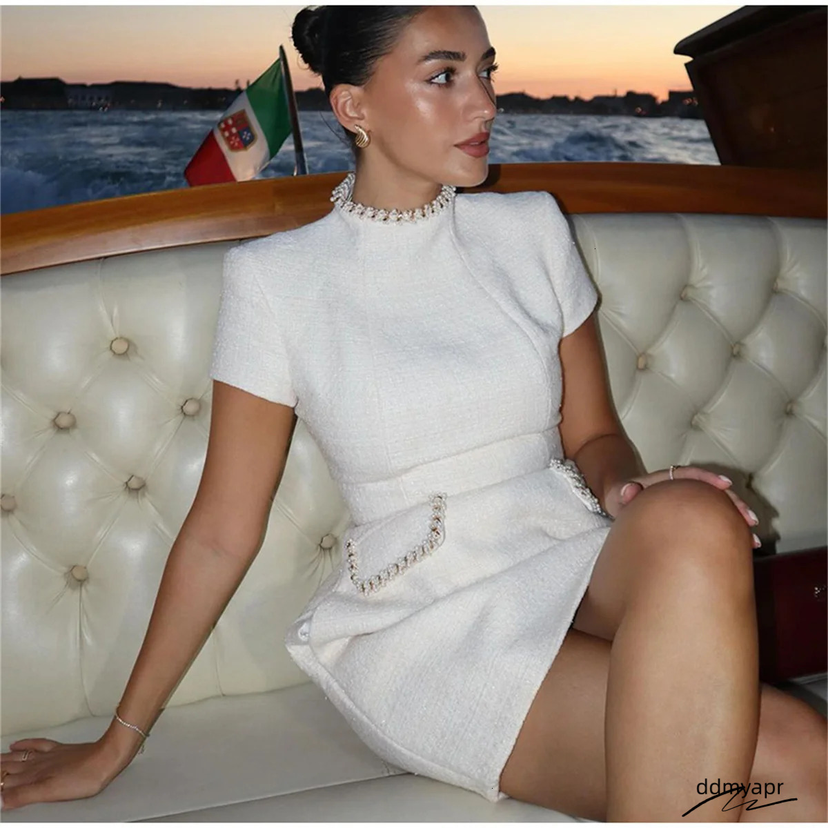 Elegant Lace A-Line Vestidos Womens Solid Slim Shoulder Ddmyday Pad Short Sleeved Party O-Neck Patch Work Evening Dress 241125 Ddmyday Ddmyday Ddmyday