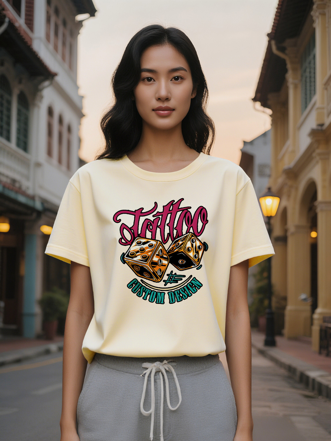 Large XL Women's Casual Short Sleeve T-Shirt with Dice Print Black Round Neck Summer Top Washable Regular Fit Tee Women Plus Size