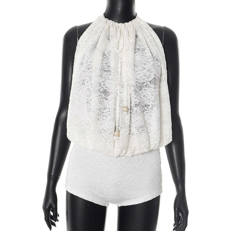 New Women's Elegant Lace Hollow Out Tie Strap Sleeveless Backless Jumpsuit Shorts