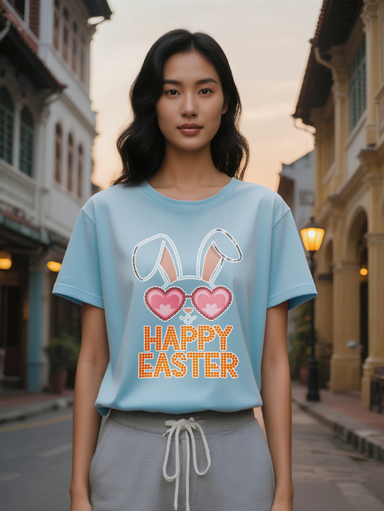 Large XL Casual Crew Neck T-Shirt with Happy Easter Bunny Print Black Knit Top Summer Washable Perfect Gift for Women Plus Size