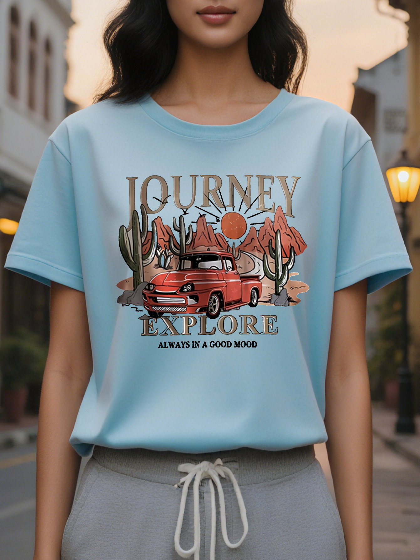 Women's Pink Journey T-Shirt Route Desert Cactus Casual Slim Fit Short Sleeve Round Neck Top for Spring