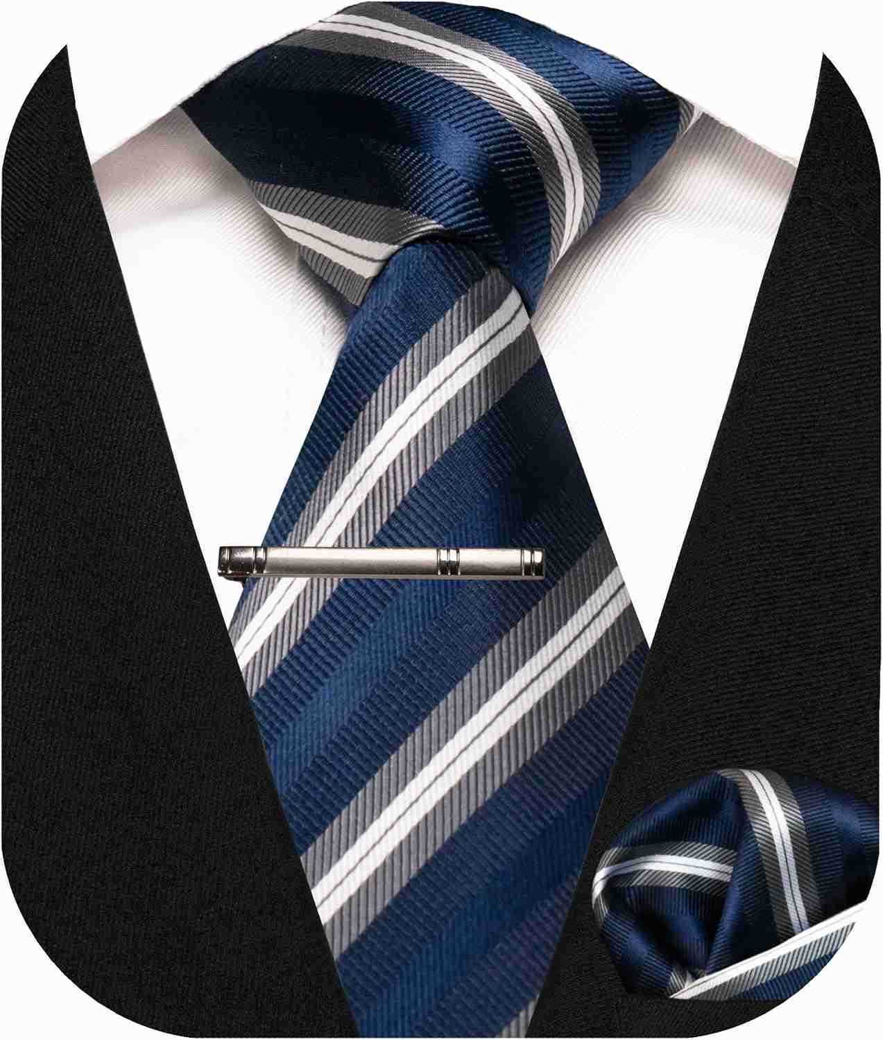 Silk Stripe Plaid Tie and Pocket Square with Tie Clip Sets for MenW250904