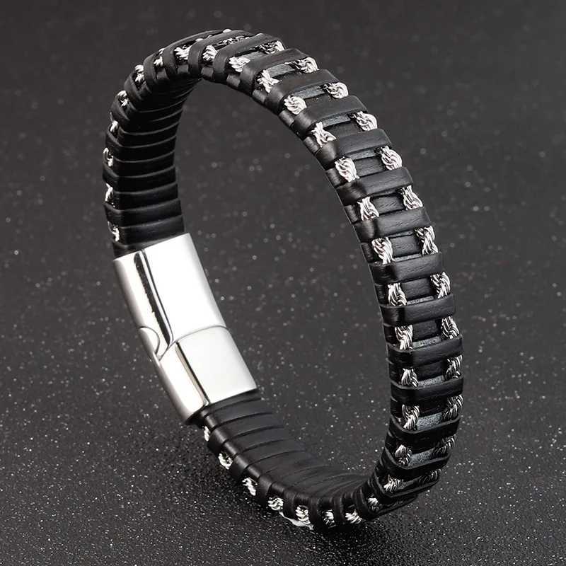 Braided Rope Woven Black Leather Men Bracelets Punk Style Stainless Steel Bangle for Friend Charm Fashion Jewelry Gifts W250904