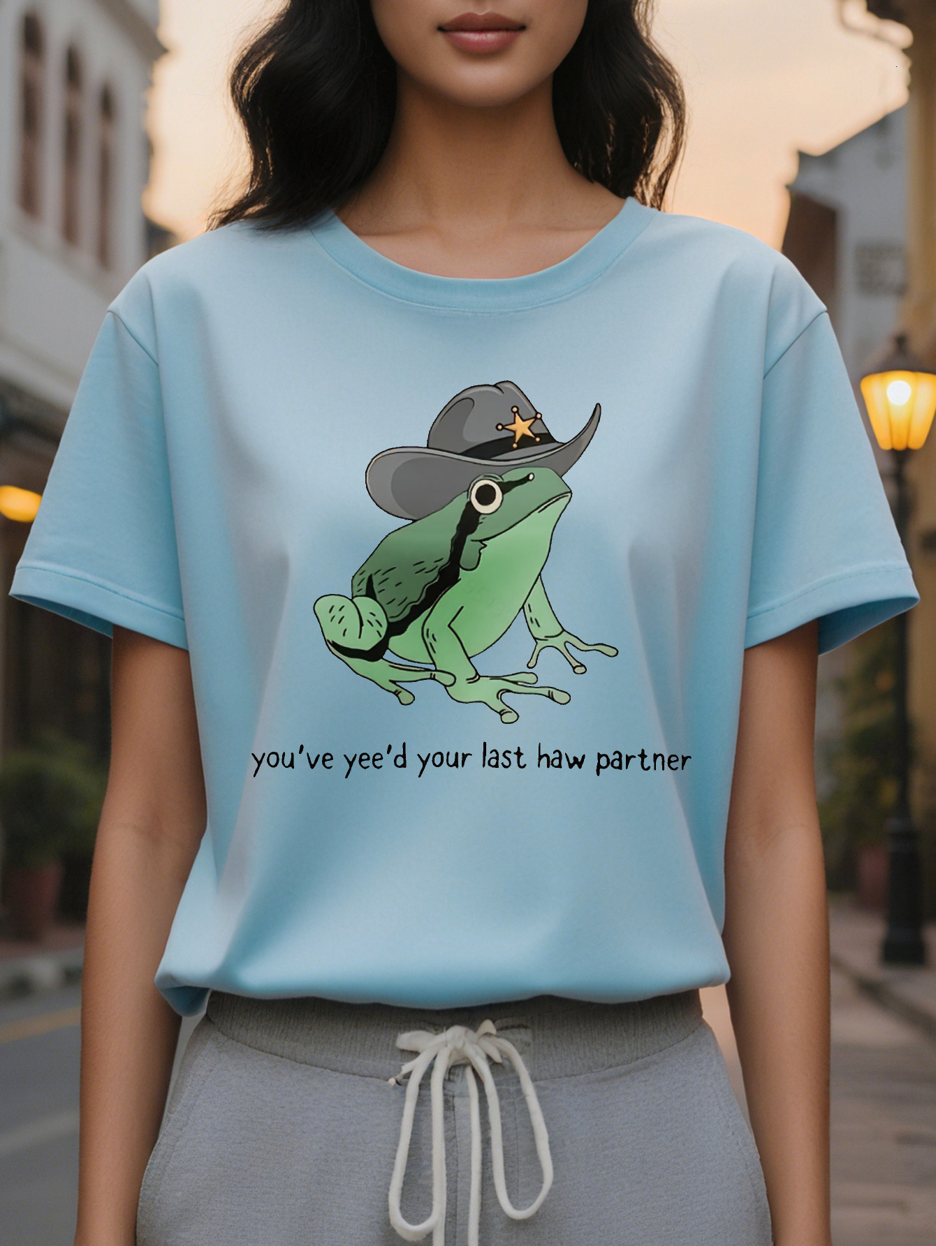 Women s Casual Graphic Crewneck Sweatshirt You ve Yee d Your Last Haw Frog Sheriff Print Light Beige Soft