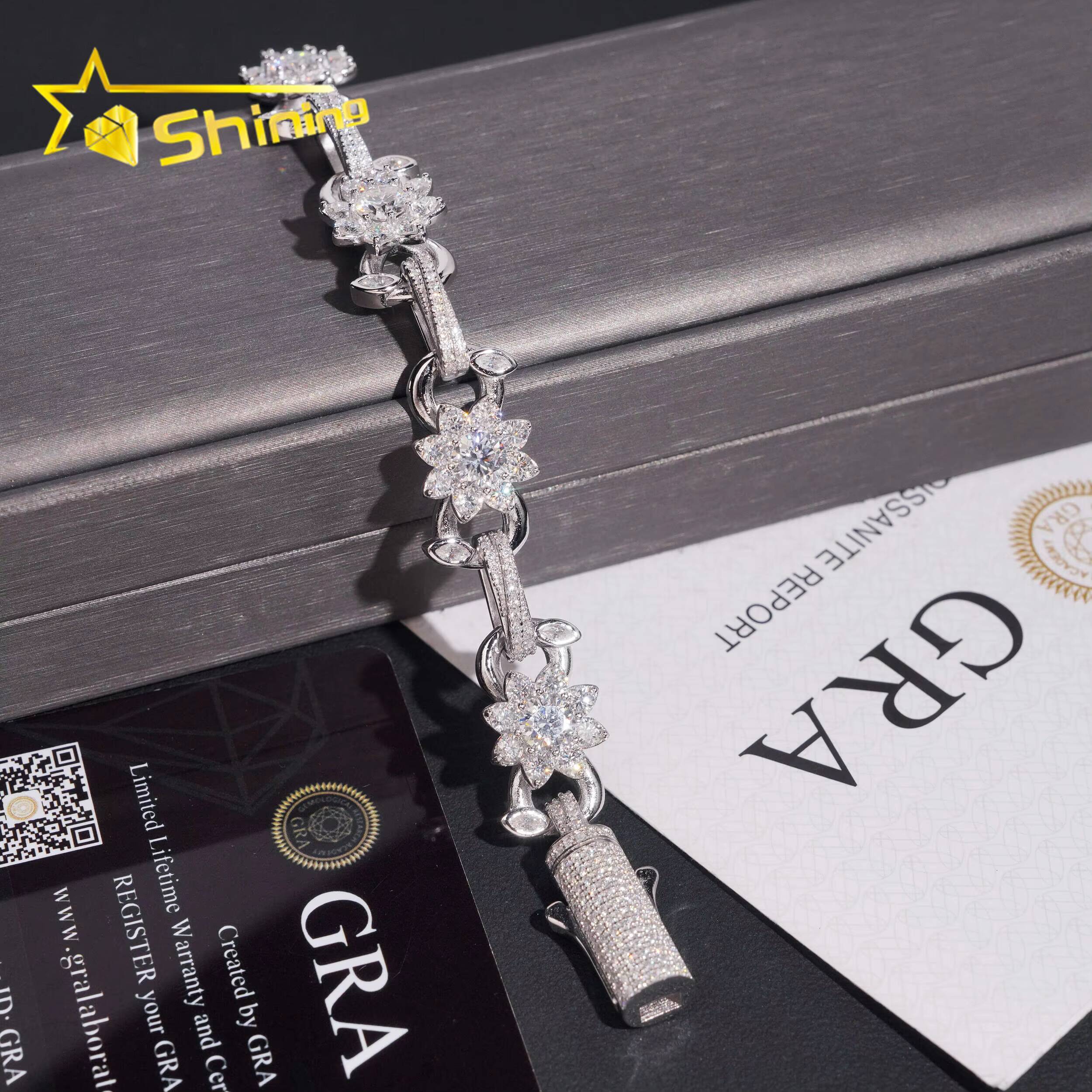 925 Silver Iced Out 13mm Flower Moissanite Cuban Link Bracelet Hip Hop Jewelry Custom High Quality Cuban Bracelet for Men Women