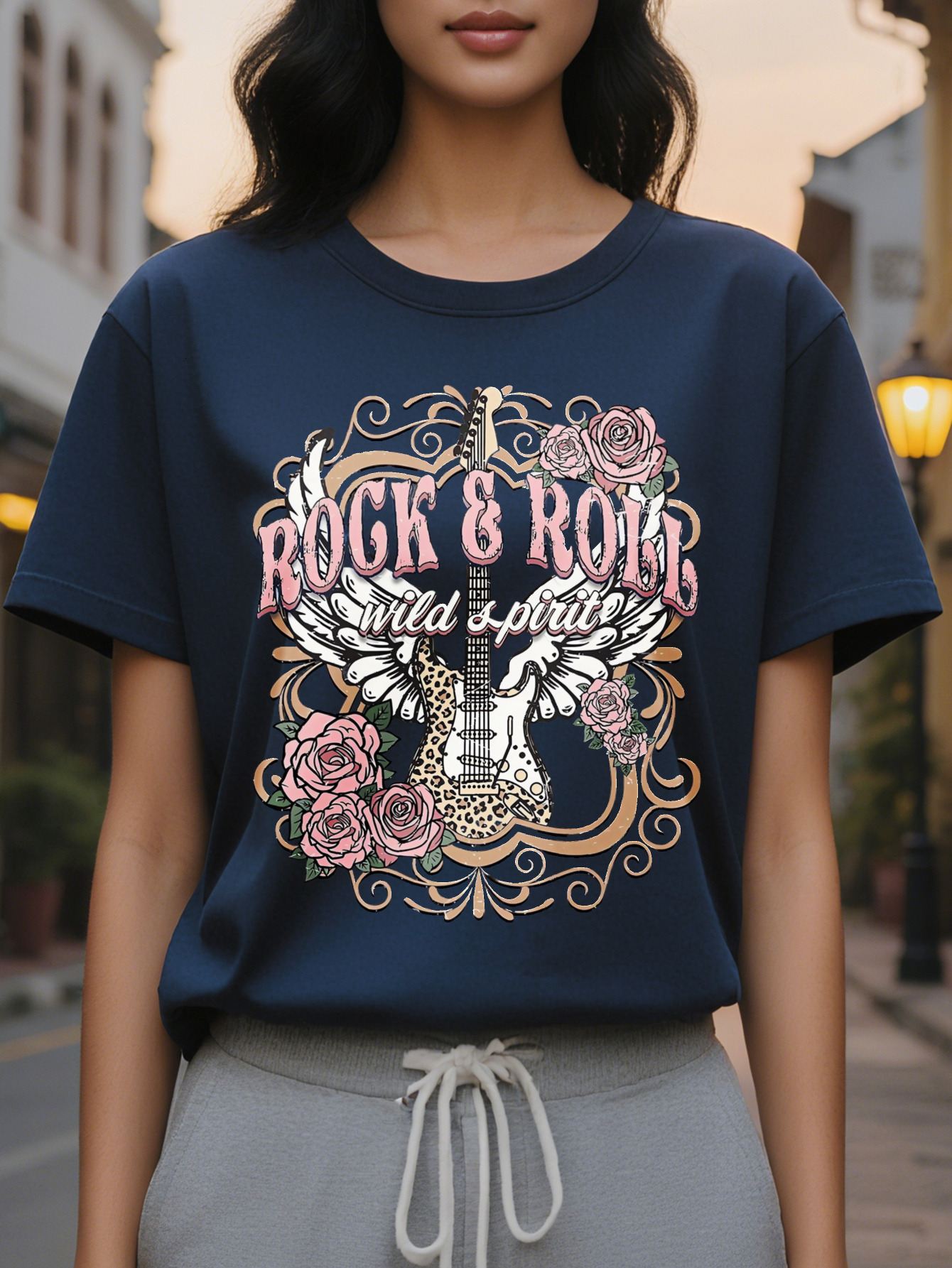 Large XL Rock Roll Print T-Shirt Casual Crew Neck Short Sleeve Top for Spring Summer Women's Clothing Plus Size