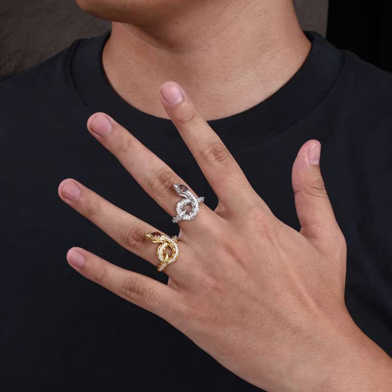 New Design 925 Sterling Silver Jewelry Ring Gold Plate Iced Out VVS Moissanite Hip Hop Spiritual Snake Ring for Rapper Men