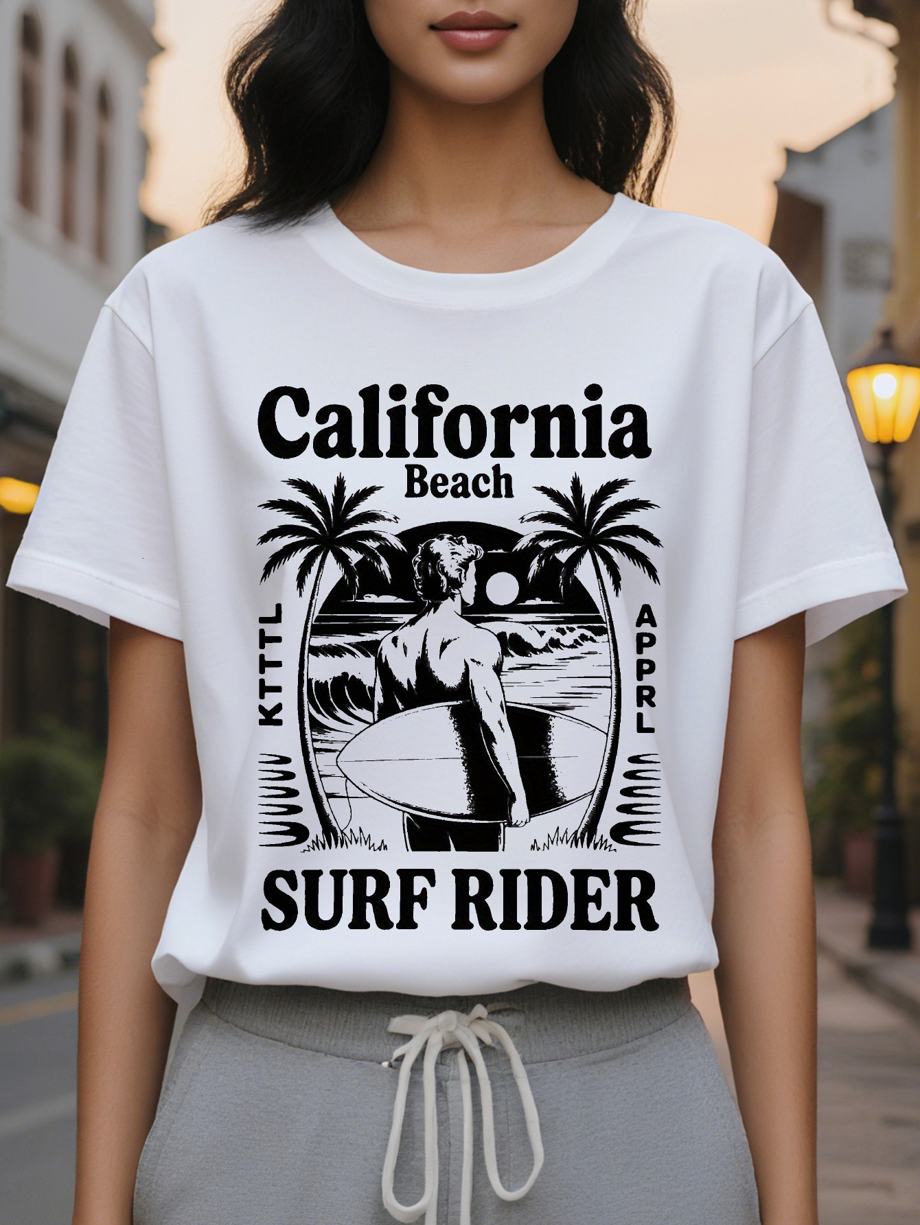 California Beach Surfer Print T-shirt, white, short-sleeved, round neck, summer top with palm tree and surfboard design