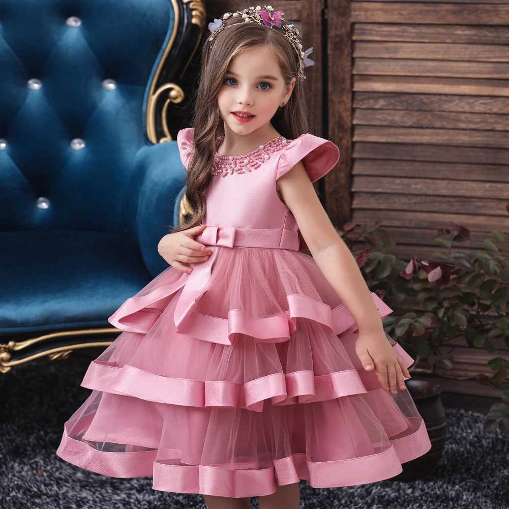 5701 Pink Elegant Party Beaded Dress for Girls Fluffy Cake Dress Suitable for Childrens Birthdays Z250904
