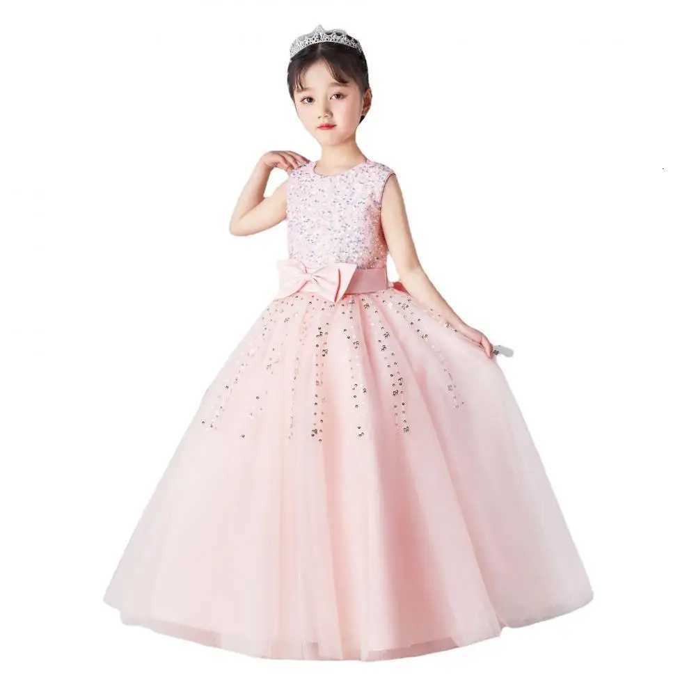 Girls Sleeveless Long Sequin Bow Mesh Princess Dress Piano Competition School Graduation Ceremony Fashionable Evening Gown Z250904