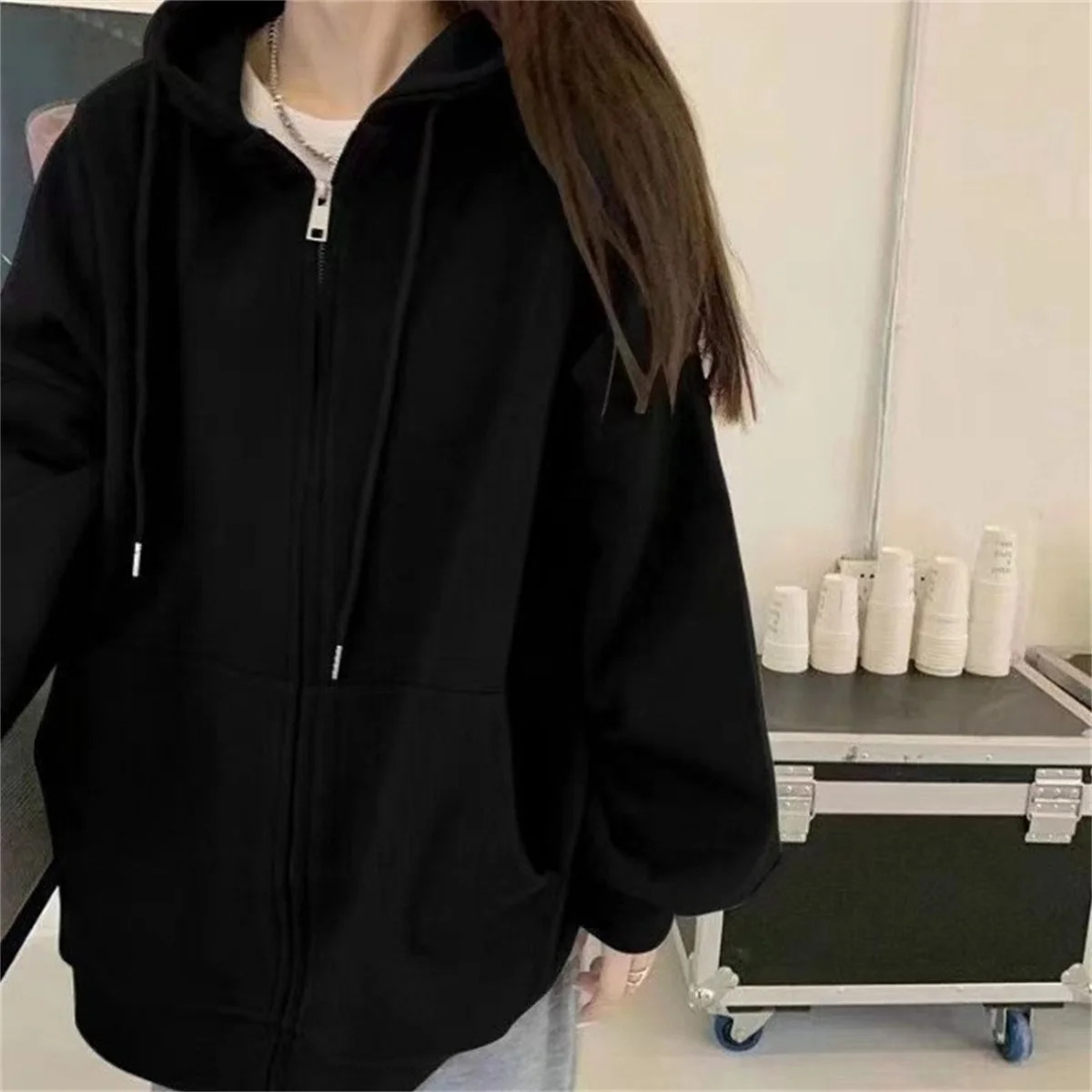 Women Loose Hooded Sweatshirt Jacket Spring Fall Solid Zipper Long Sleeve Coat Oversize Vintage Korean Hoodies Casual Wear 250904