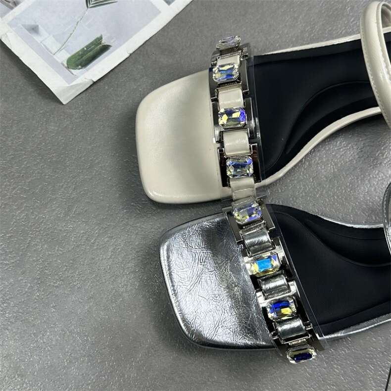 Women's Shoes 2025 Summer New Squ Open Toe Rhinestone Mid Designer Shoe Heel Celebrity Sandals Half One Word Slippers