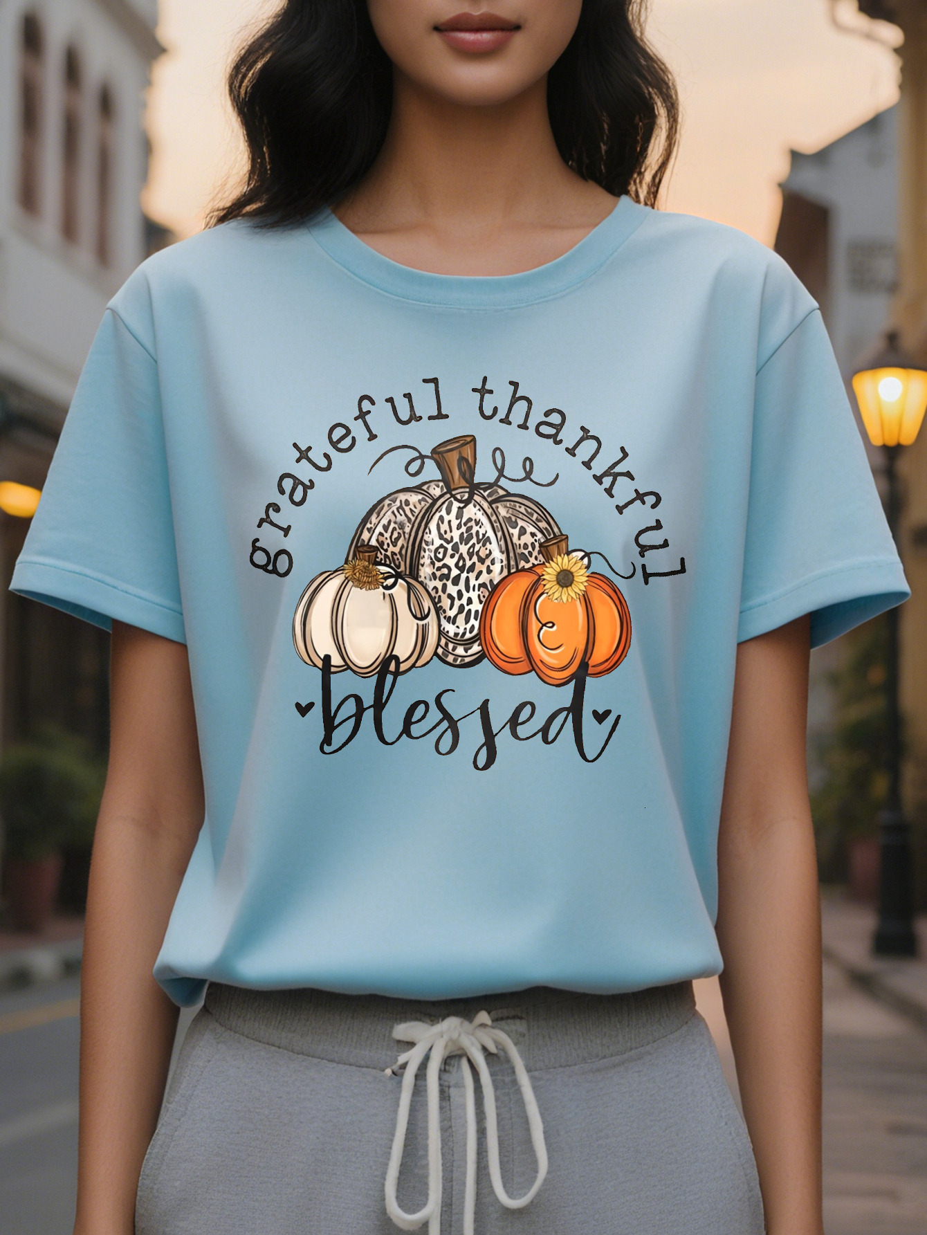 Large XL Women S Autumn Graphic T-Shirt Grateful Blessed Message with Pumpkins Round Neck Tee for Fall Spring Washable Plus Size