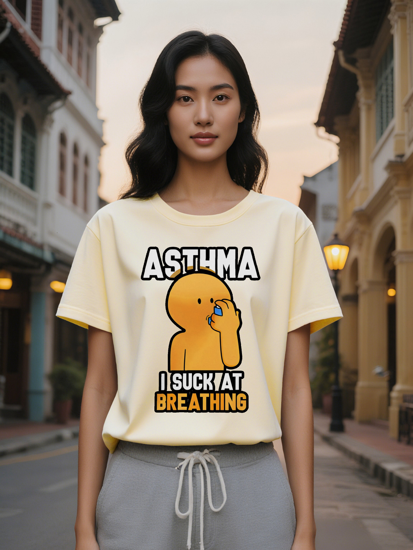 Large XL Lady Humorous Asthma Graphic T Shirt Black Casual Round Neck Tee with Cartoon Character I SUCK AT BREATHING Print Plus Size