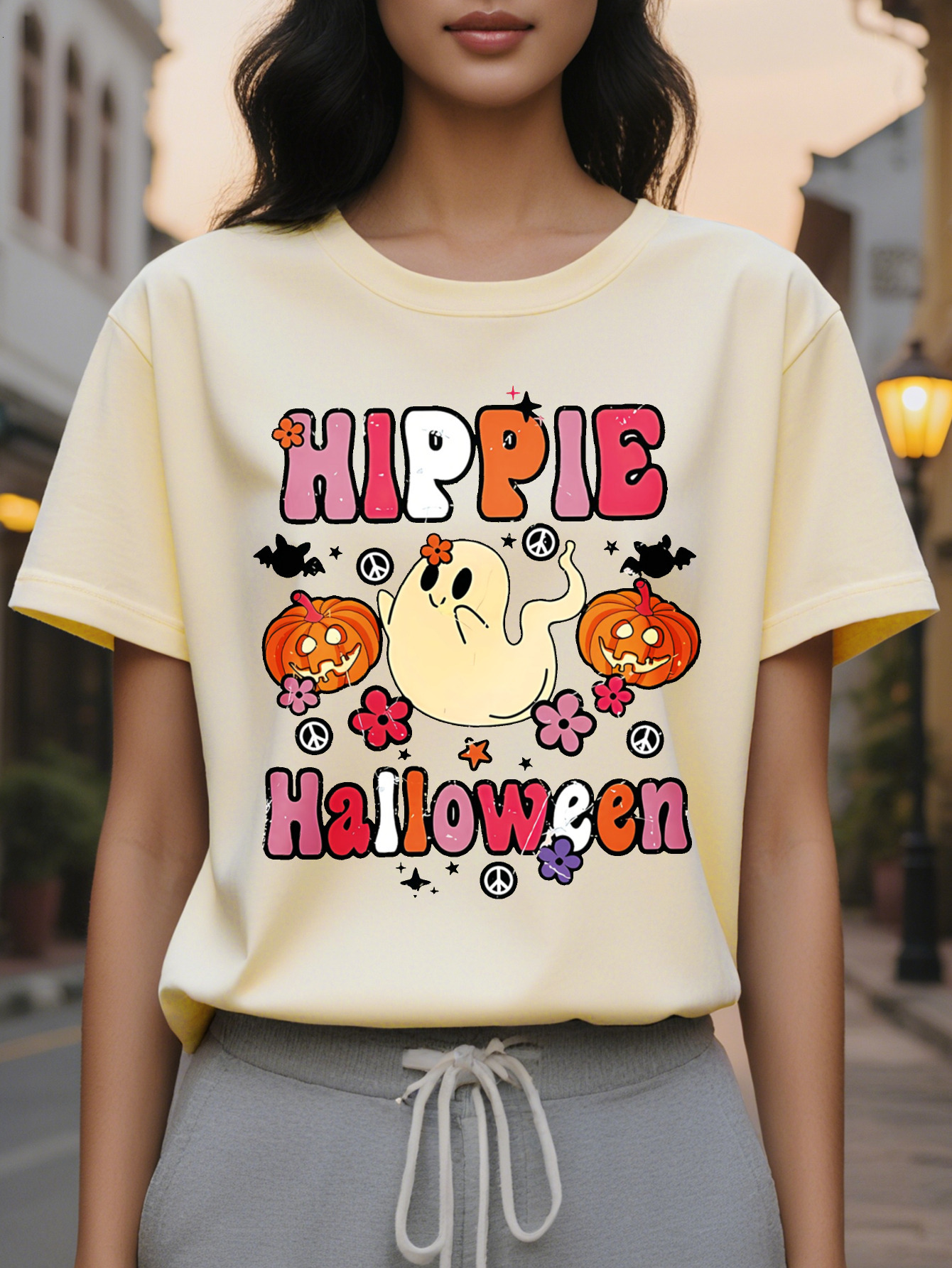 Large XL Women's Halloween Cute Hippie Print T-Shirt Round Neck Short Sleeve with Bats Pumpkins Peace Symbols Spring Summer Plus Size