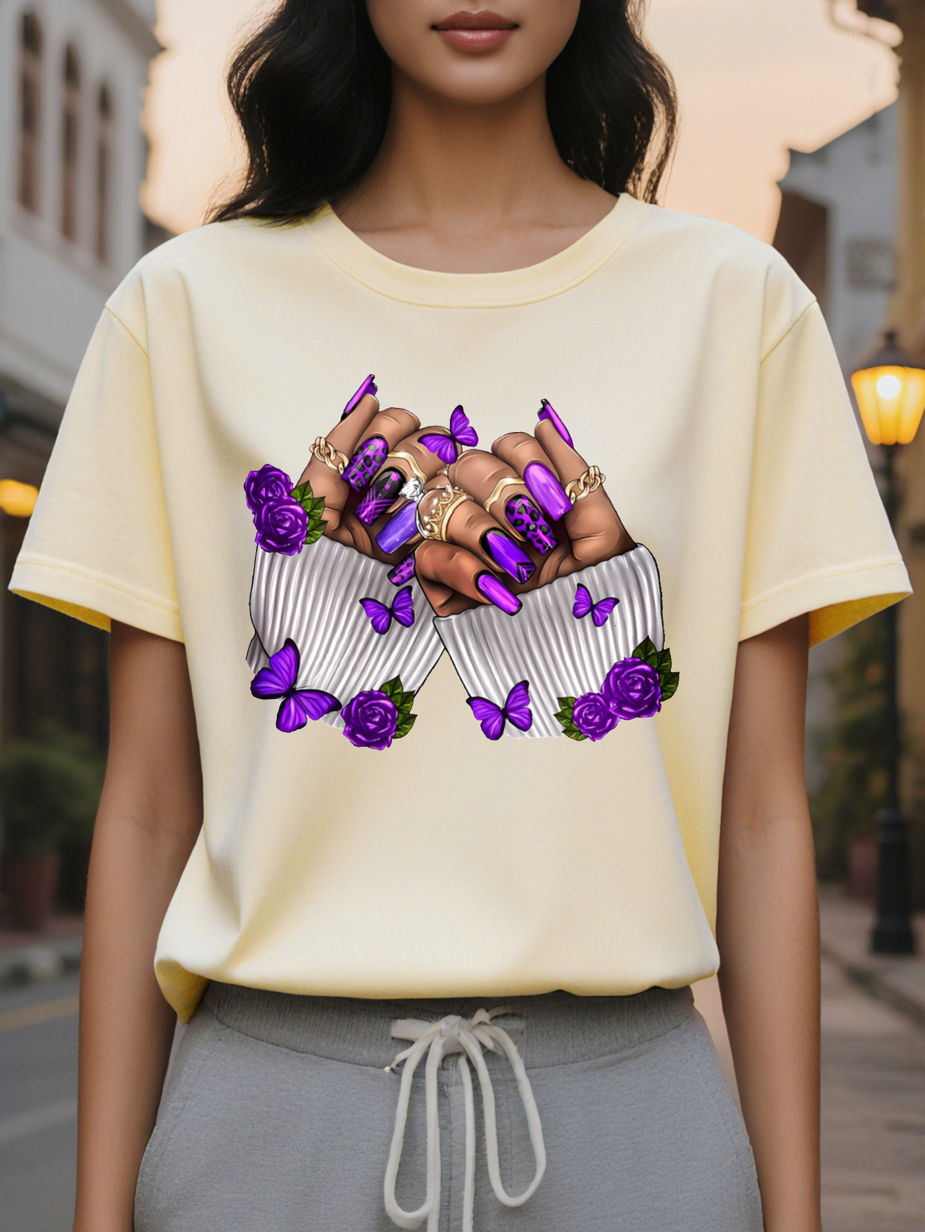 Large XL Women's Purple Butterfly Rose Nail Art Print Short Sleeve T-Shirt Casual Round Neck Summer Top Washable Plus Size