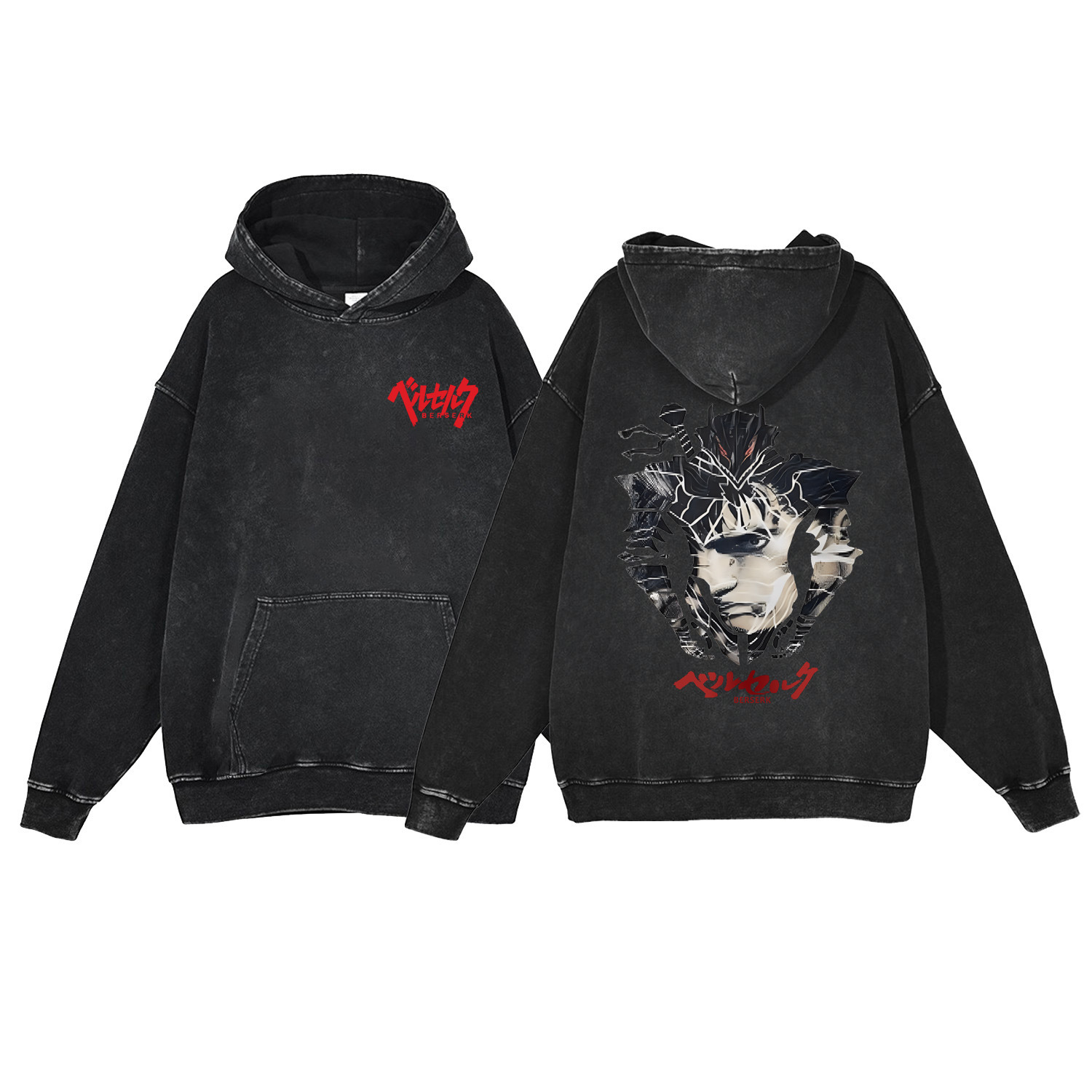 440g Heavyweight Washed Vintage Berserk Anime Street Retro Cotton Hoodie Streetwear Hooded Sweatshirt - TT8304