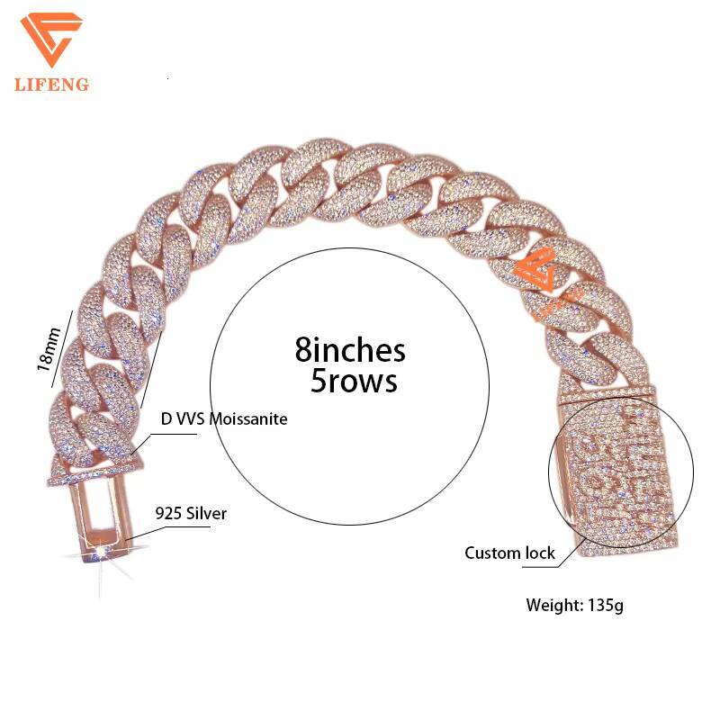 Bubble Miami 18mm 5Row Iced Moissanite Cuban Link Chain 925 Sterling Silver Custom Lock Bracelet Fashion Jewelry