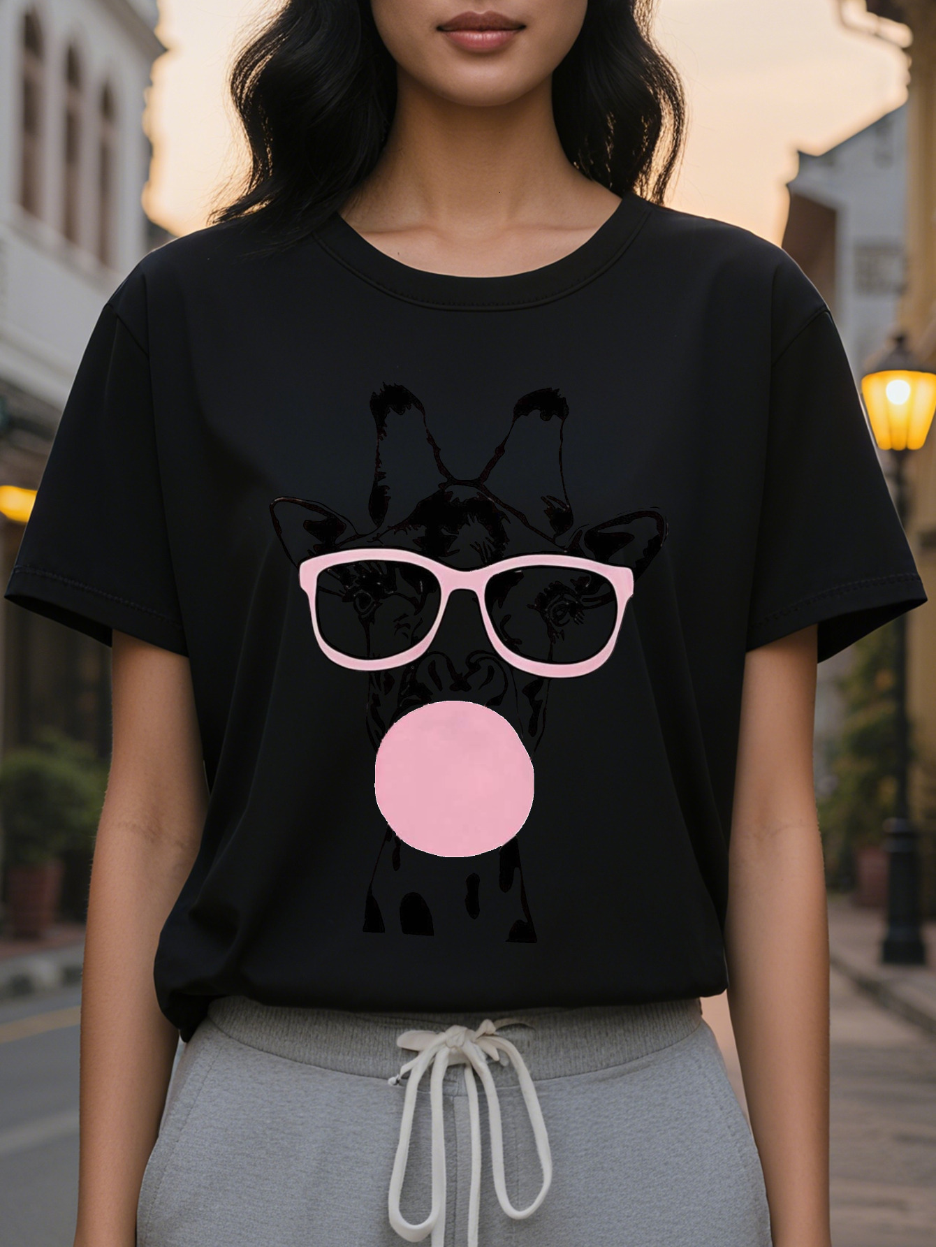 Ladies Cute Pattern Short Sleeve T-Shirt Funny Pink Glasses Bubble Gum Design Breathable Round Neck Casual Jacket