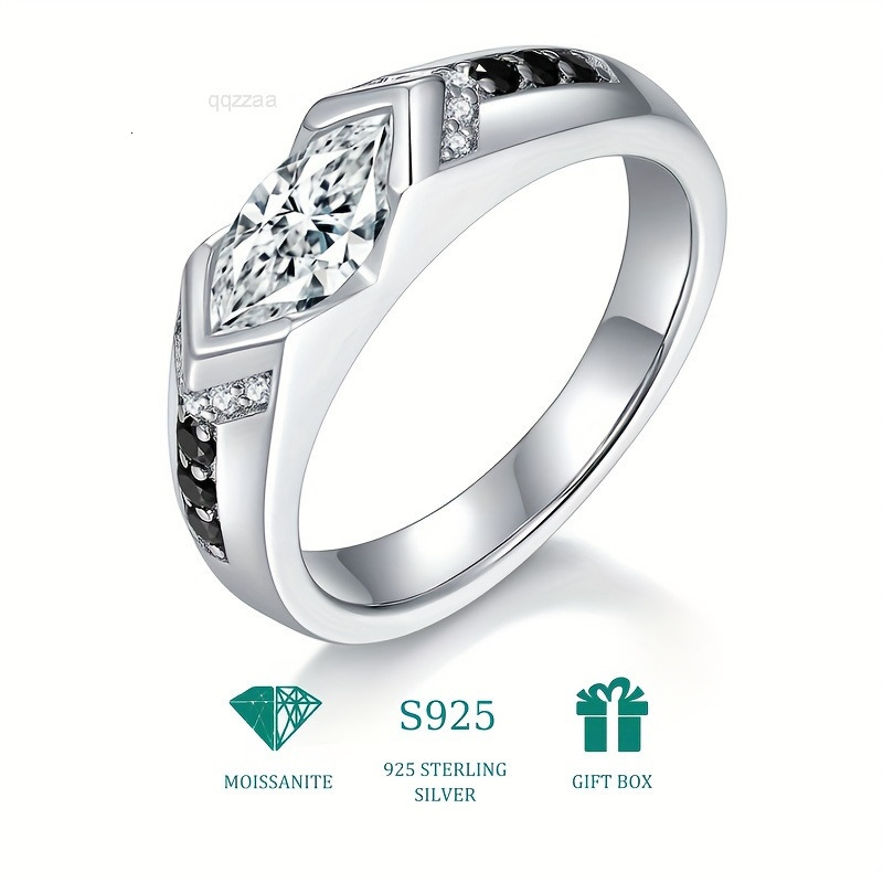 S925 Silver Marquise Rhombus Moissanite Ring HighEnd HipHop Style Neutral Temperament Black and White Contrast for Couples