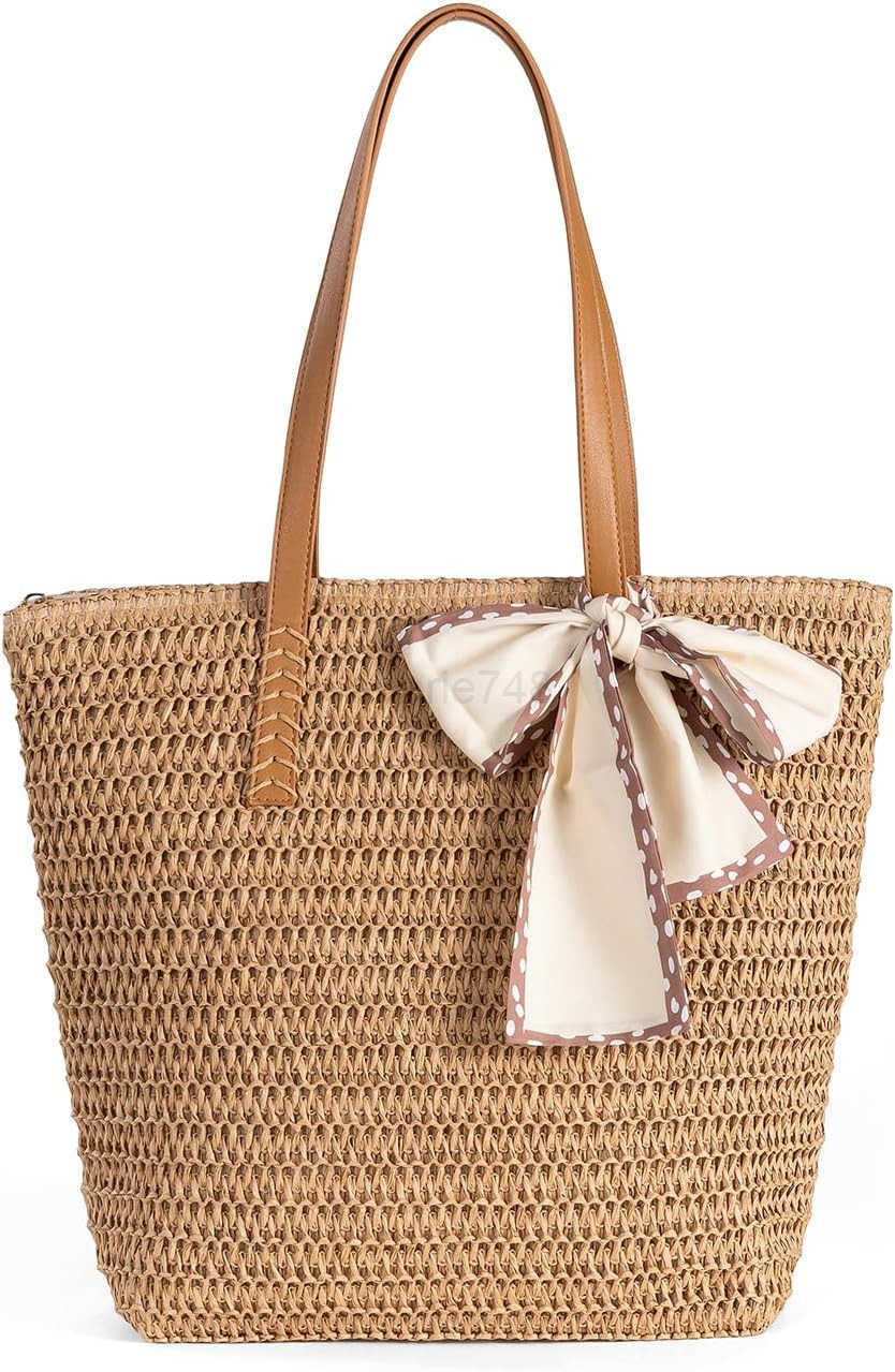 Large Straw Beach Bag Womens Handwoven Tote with Zipper Pocket 2025 Lightweight Summer Purse for Travel Work M250904