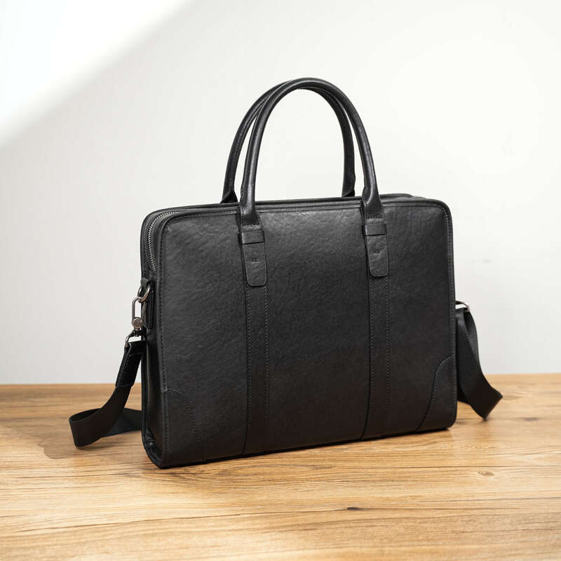DHEssentials 2025 Spring Men's Top-Grain Leather Briefcase 14-inch Business Laptop Bag Handheld Shoulder Crossbody Black