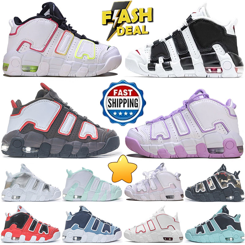 Kids Shoes Uptempos New Scottie 96 More Tri-color Pippen Total White Sunset Multi-color Black Bulls Renowned Rhythm Raygun Denim Boys Girls Sneakers