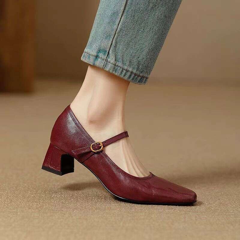 Soft Sheepskin Black High Heels French Style Chunky Designer Shoe Heel One Strap Mary Jane Women's Single Shoes