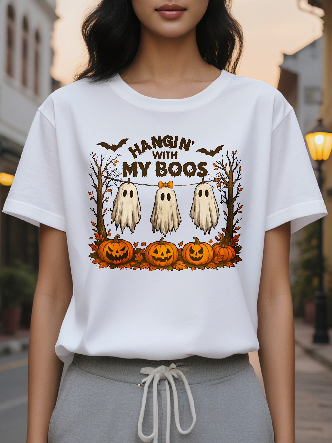 Women s Beige Spooky Ghosts Jack O Lanterns Round Neck Pullover Cozy Fall Parties Casual Attire hine Washable