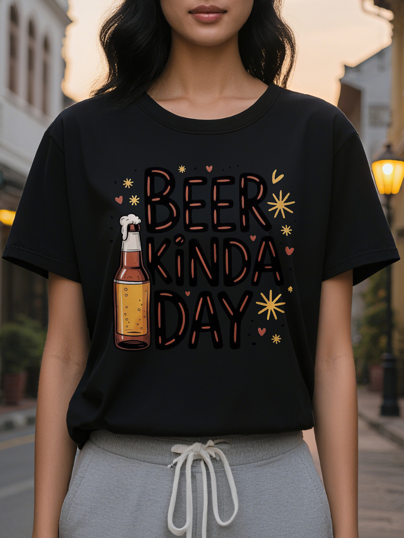 Women's Fun Lover T-shirt BEER KINDA DAY Slogan Bottle Pattern White Round Neck Summer Top Washable Party Dress
