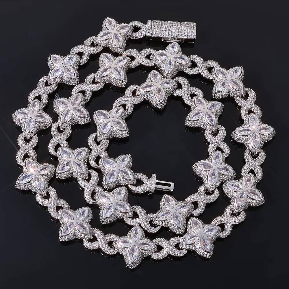 Hip Hop Jewelry 8mm Colorful Ice Diamond Flower Chain Unlimited Symbol Chain Four Leaf Clover Mens and Womens Necklace