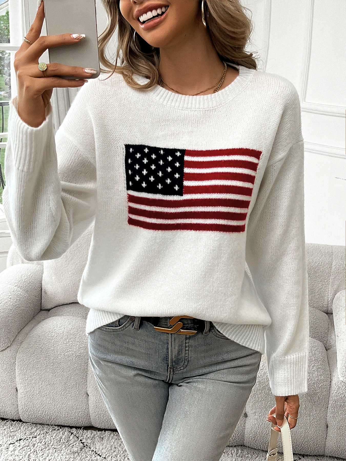 American Flag Crew Neck Long Sleeve Pullover Womens Sweater M250904