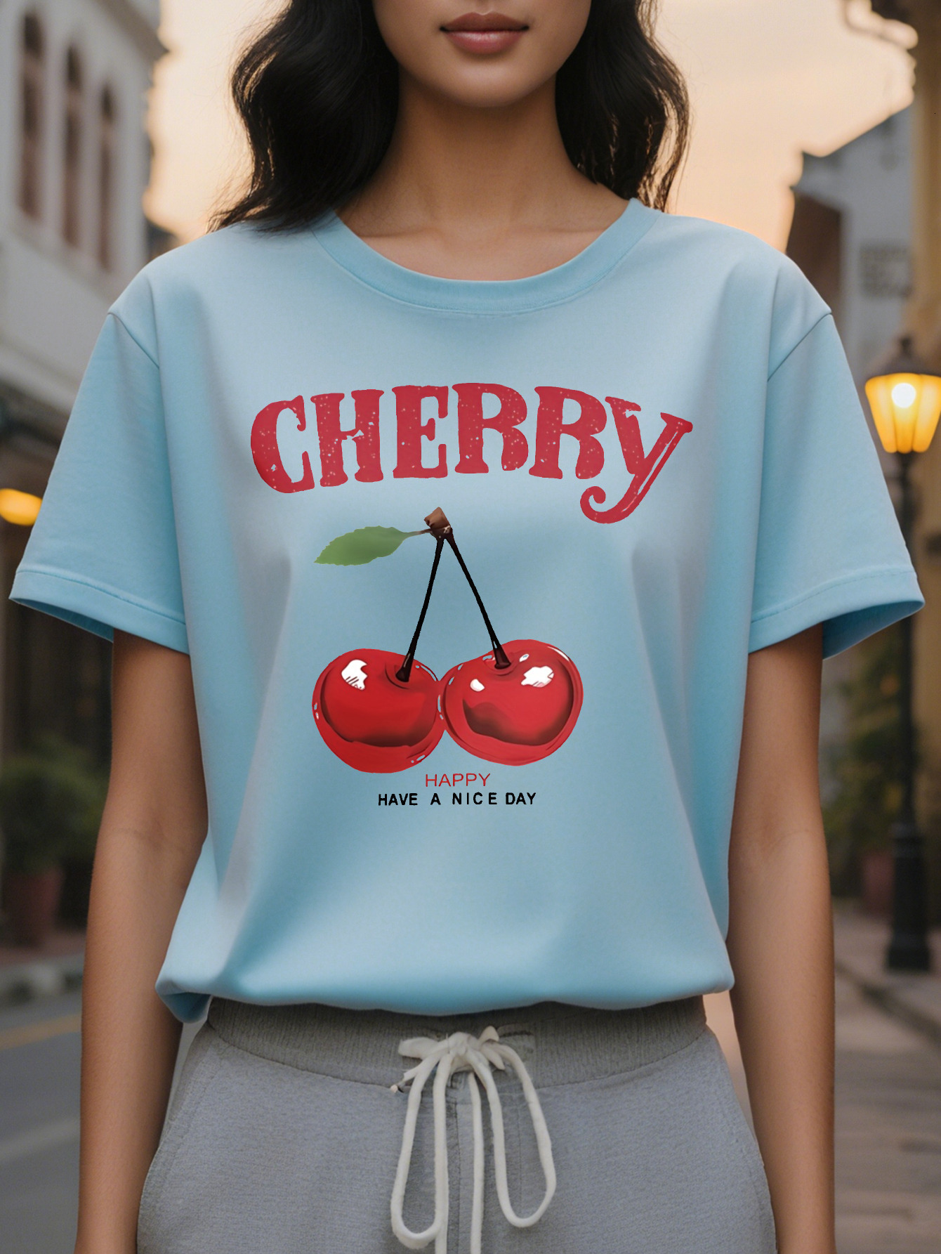Large XL Women's Slim Fit Short Sleeve T-Shirt Cherry Print with Bold Red Lettering Have a Nice Day Slogan Light Yellow Plus Size