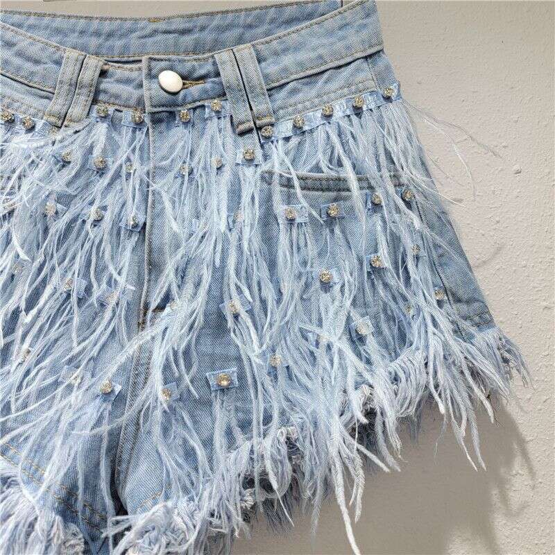 Women's Clothing New Heavy Dia Ostrich Feather Design Slim Tassel Fashionable Versatile Denim Shorts