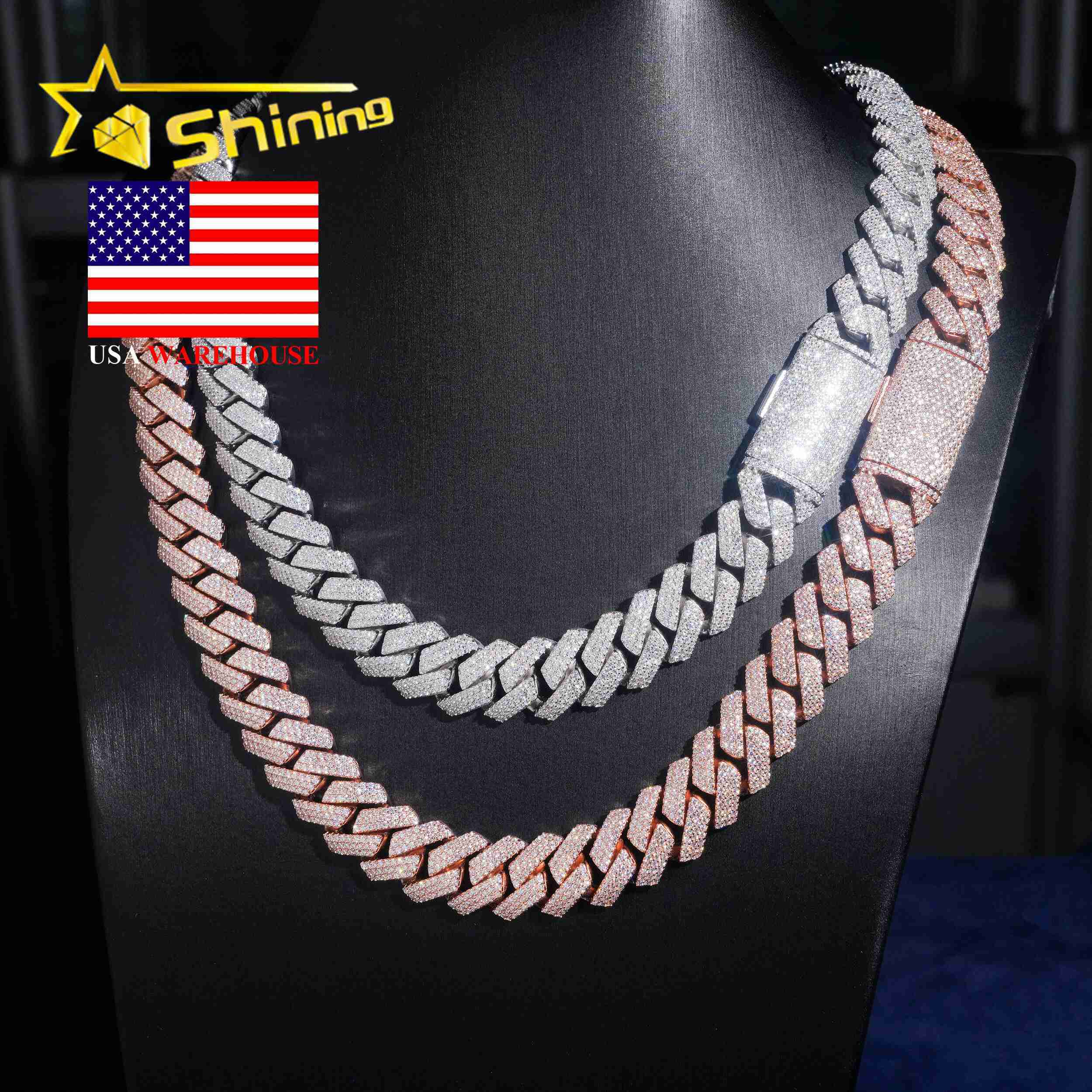 USA Warehouse New Stocks Ready to Ship 15mm 925 Solid Silver Hip Hop Jewelry Iced Out VVS Diamond Cuban Link Chain Moissanite