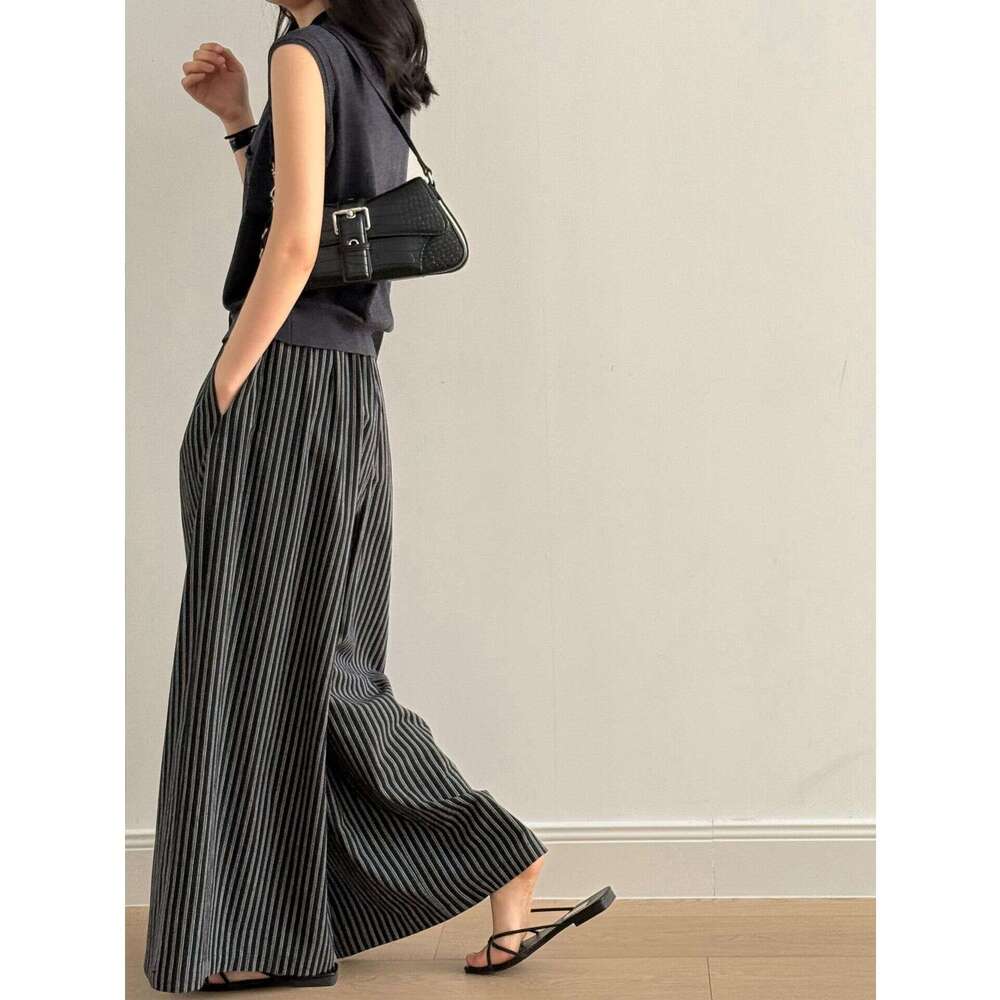 Yanshuang Simple Vertical Striped Casual for Women Summer New Loose Fit Wide-Leg Floor-Length Pants