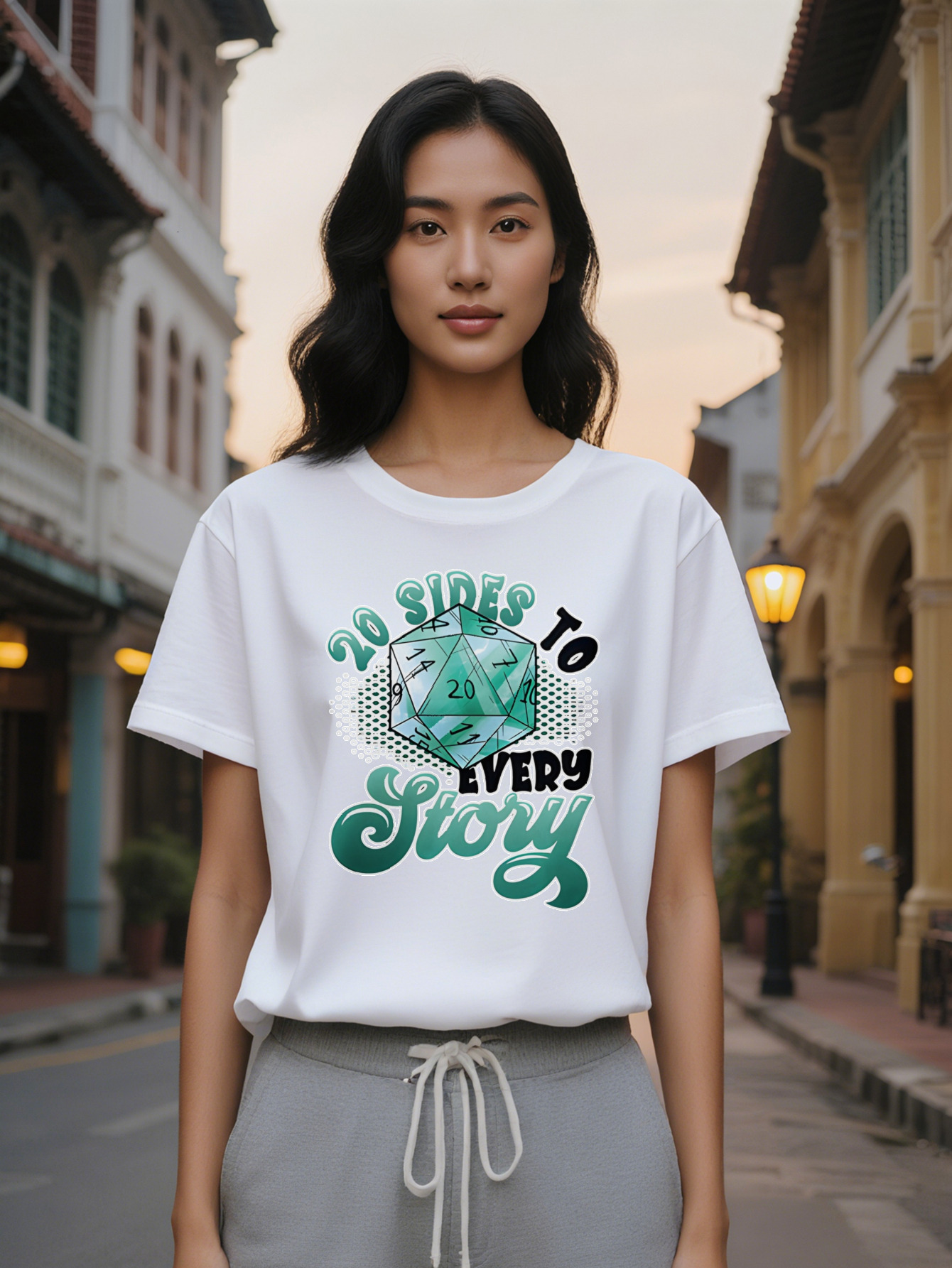 Lady Casual Graphic T-Shirt Sides to Every Story D Dice Print Black Tee Breathable Summer Round Neck Top